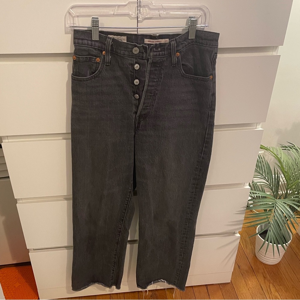 Levi's High-Rise Button-Fly Washed Black Straight Jeans